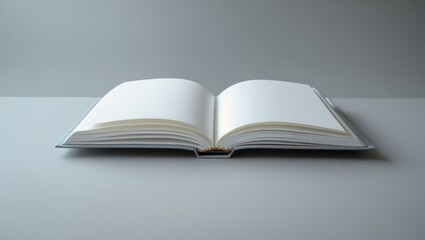 An open book, showcasing blank, white pages against a neutral gray backdrop, presents a clean and sophisticated image.