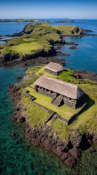 Batanes, Philippines Aerial view of traditional Ivatan houses on a grassy isle surrounded by crystal clear turquoise sea & a distant headland