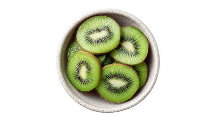 Flat lay of kiwi slices in a ceramic bowl on pure isolated on a Transparent background, PNG file.