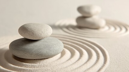 Tranquil Zen Stones Balancing on Raked Sand with Gentle Curved Patterns
