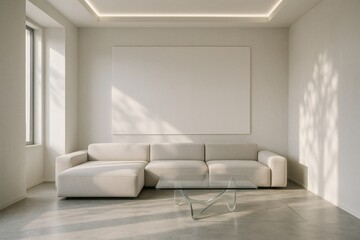 Modern minimalist living room with white sectional sofa, abstract wall art, and glass coffee table.