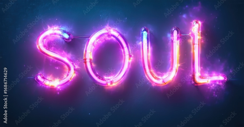 Poster bright pink neon sign spells soul. dark background enhances glowing effect. sparkles add visual inte