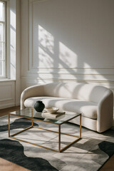 Modern elegant living room with curved sofa, glass coffee table, and stylish black-and-white rug.