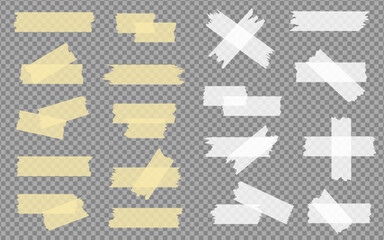 Torn scotch tape set. Sticky paper tape set. Adhesive transparent sticky stripe. Torn adhesive scotch stripe isolated.