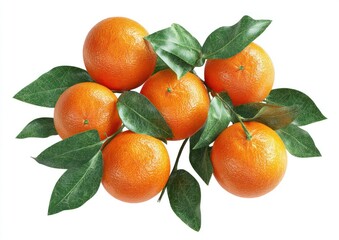 A cluster of six vibrant oranges surrounded by verdant leaves against a stark white background, creating a fresh, appetizing, and clean visual