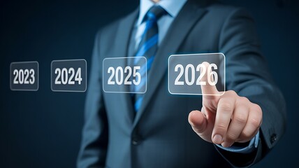 Businessman in suit selects 2026 on futuristic digital interface showing years