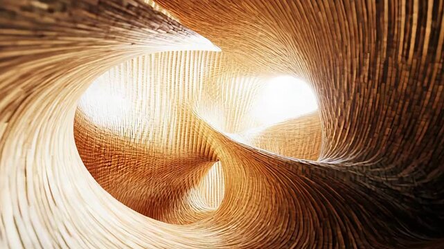 Wooden parametric architecture creating a swirling tunnel with light