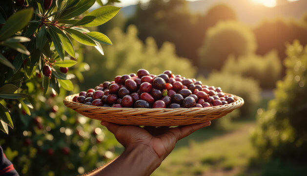 Farmer harvesting kalamata olives, sunlit olive grove, abundance - Powered by Adobe