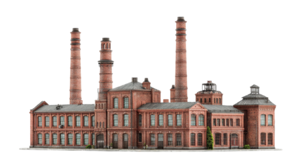 Old Industrial Brick Textile Factory Building with Multiple Tall Chimneys