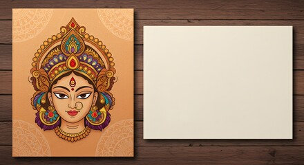 Stunning illustration of Hindu goddess Durga Ma with blank space for design on wood
