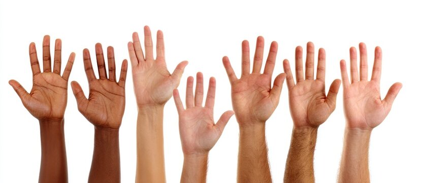A row of arms and open hands of diverse skin tones are raised against a bright white background. The hands are angled upwards, palms facing outward