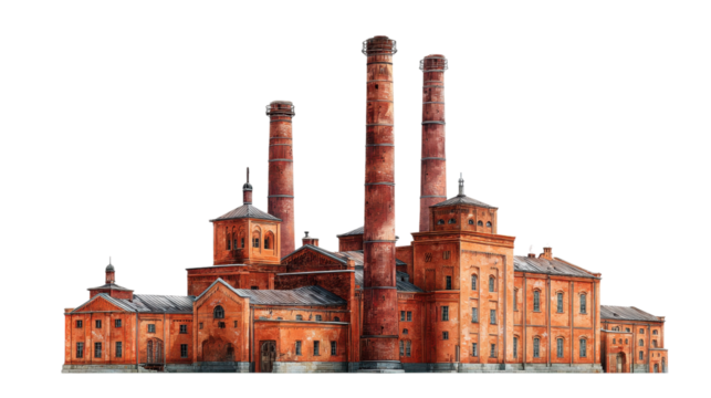 Vintage Red Brick Factory Complex with Prominent Smoke Stacks and Architectural Details