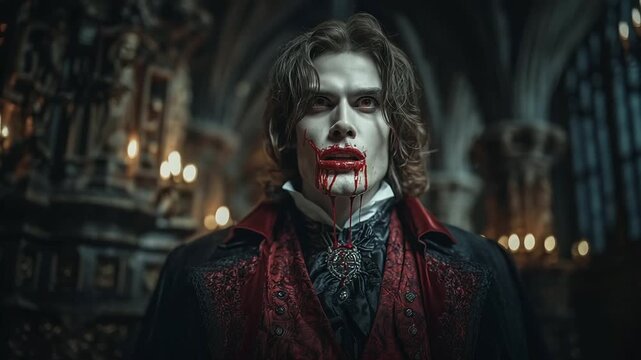 Vampire with blood dripping from mouth standing in gothic 