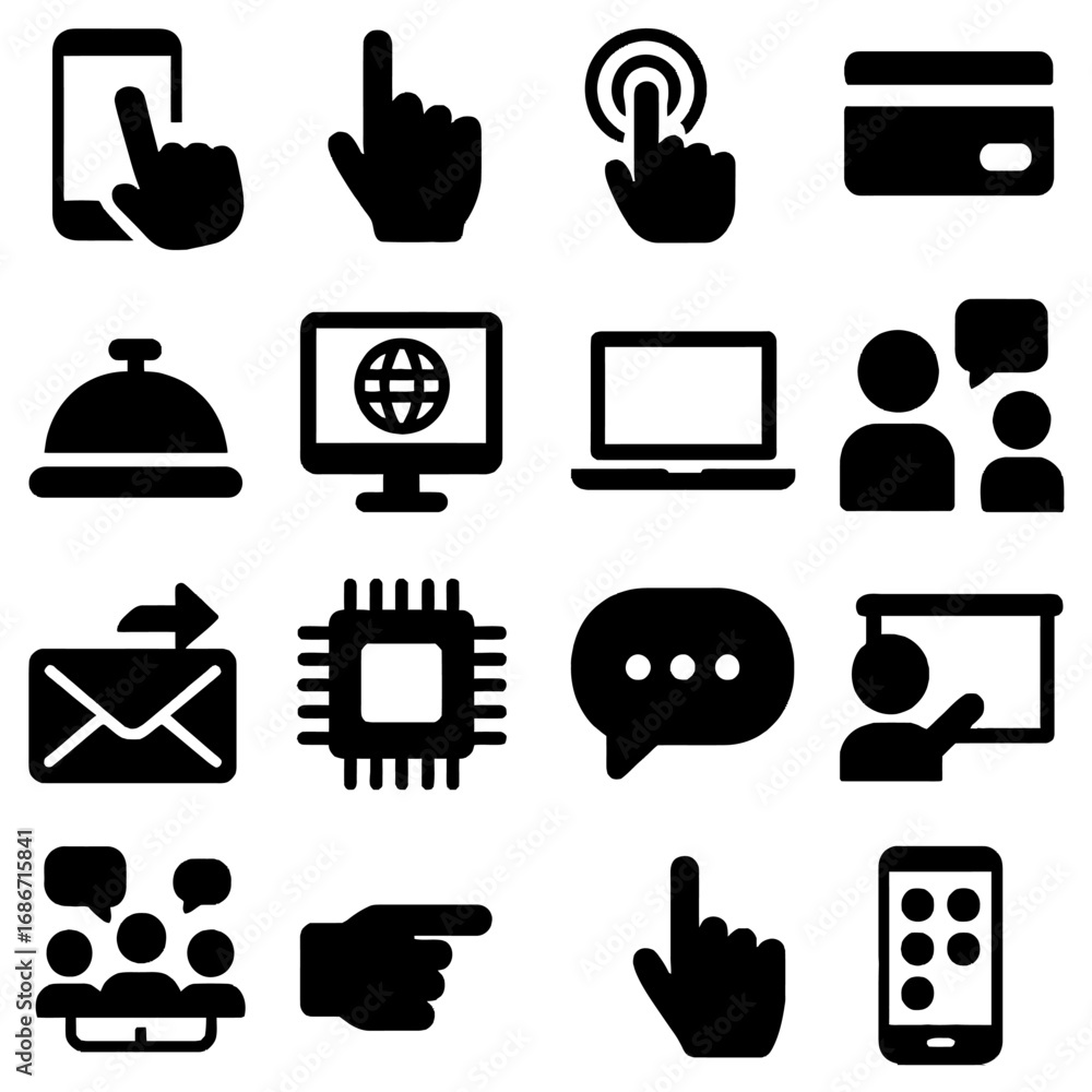 Poster digital interaction: a set of minimalist, bold black icons represents the diverse aspects of digital