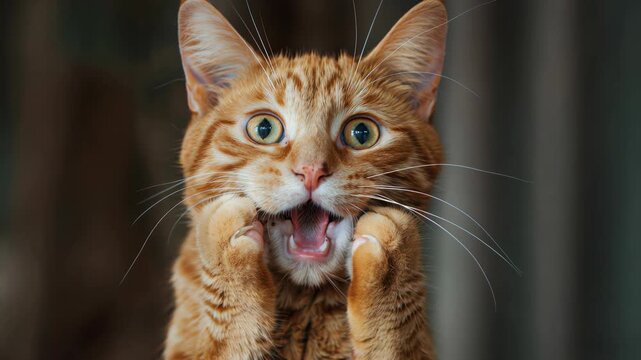 Funny surprised ginger cat making silly face, symbol of humor, pets and lifestyle joy. Perfect stock video for animals, comedy, internet memes and cat lovers projects.