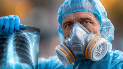 Doctor in protective gear holds lung X-ray to discuss cancer screening and prevention strategies