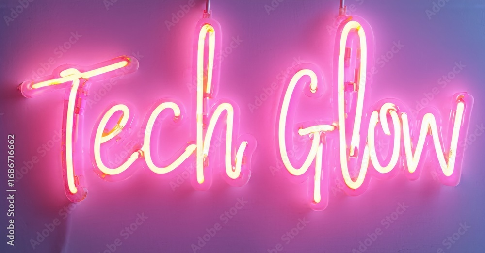 Poster bright pink neon sign displays tech glow. script font creates modern aesthetic. simple background em