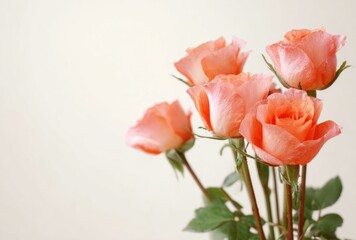 Bunch of salmon-pink roses with green leaves arranged against an off-white background, focused on the flowers' elegant curves and soft gradients