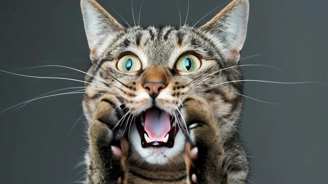 Cute tabby surprised cat playing and making funny expressions, symbol of pets, humor and lifestyle. Great stock footage for animals, comedy, memes and funny cat content.