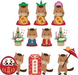 2026年年賀状　年賀状素材　茶色馬　招き猫風　達磨と松竹梅と着物ペア