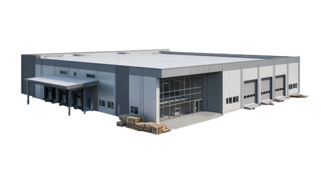 Modern Photorealistic Warehouse Building Complex on Black Background Isolated