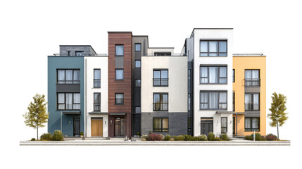 Photorealistic row of modern townhouses with various facades and small trees.