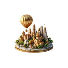 Obraz premium Colorful hot air balloons shaped like cities float in the sky above lush green landscapes
