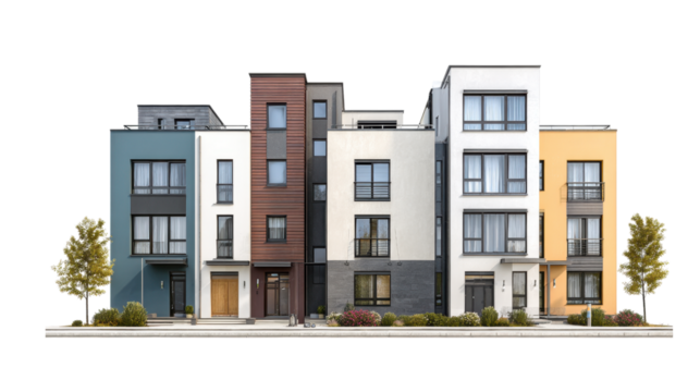 Photorealistic row of modern townhouses with various facades and small trees.