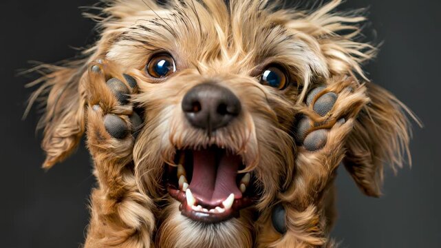 Adorable surprised Yorkshire terrier making silly face, symbol of joy, pets and fun lifestyle. Perfect stock video for dogs, animals, humor and internet meme projects.