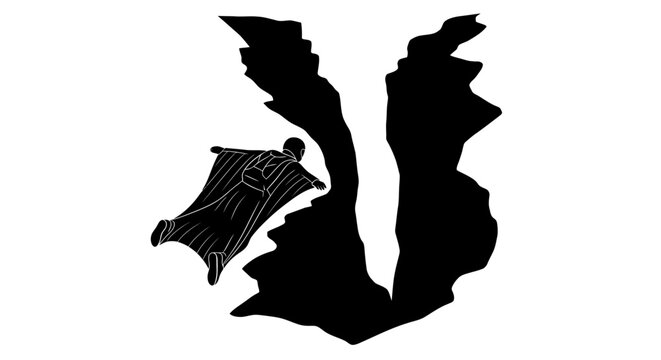 wingsuit flying silhouette adrenaline rush in the cliffs, isolated on transparent background