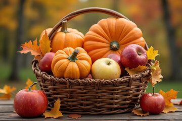 Basket filled with pumpkins and apples adorned with autumn leaves centerpiece