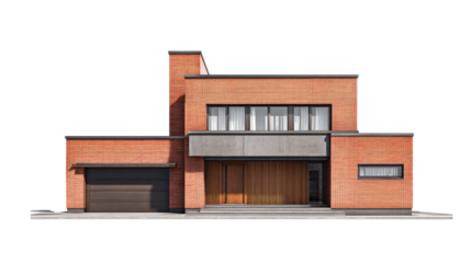 Modern minimalist brick house with garage and large windows.