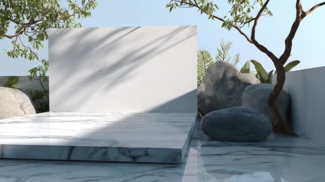 A serene, minimalist presentation display featuring a white marble platform set against a backdrop of lush greenery and natural stone accents.