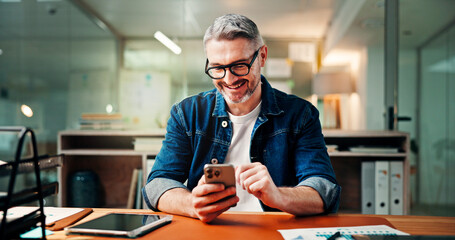 Phone, laugh and business man in office for social media break, typing message and email. Creative,...