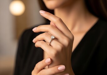 A close-up of a woman's hand elegantly showcasing a sparkling ring, highlighting beauty and elegance against a soft background.