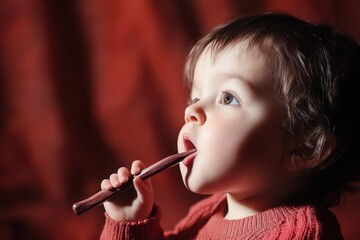 Fototapeta premium Child enjoying a wooden stick in a warm setting with soft lighting