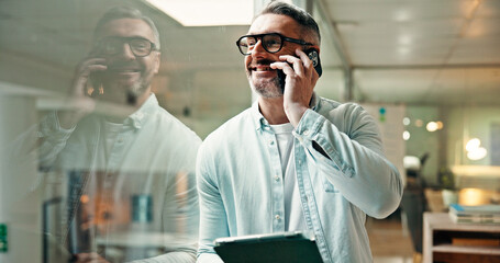 Phone call, tablet and businessman by window in office at night for communication or negotiation....