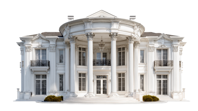 Opulent White Mansion with Curved Portico and Majestic Columns