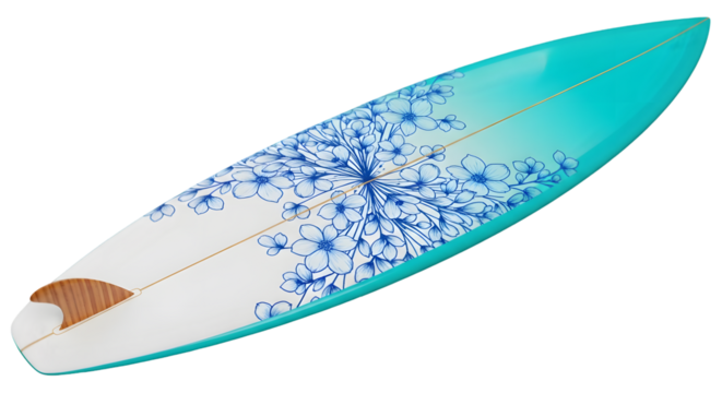 Custom surfboard with floral design against a dark isolated background image