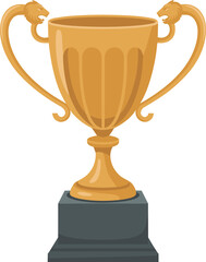 Golden trophy cup on a dark pedestal isolated on white background