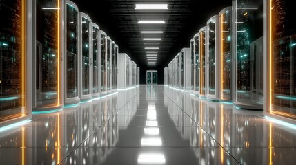 Beneath the gleaming lights of a modern data center, rows of servers hum and pulse with cyber energy during an evening of digital innovation and connectivity