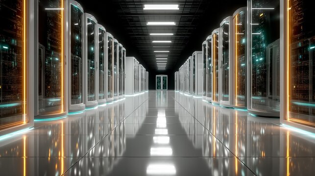 Beneath the gleaming lights of a modern data center, rows of servers hum and pulse with cyber energy during an evening of digital innovation and connectivity