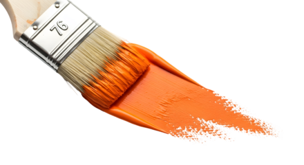 Vibrant orange paint stroke emanating from a poised bristle brush on black