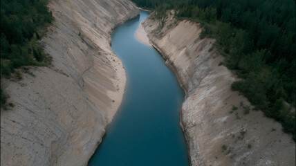 Aerial river canyon blue water erosion forest landscape nature tranquil scenic view peaceful wilderness geology outdoor environment summer