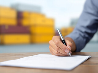 Hand writing on cargo management form logistics document, outdoor shipping container background, business concept