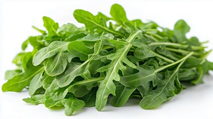 Obraz premium Fresh arugula leaves display their unique texture and vibrant green color against a stark white background creating a striking visual contrast