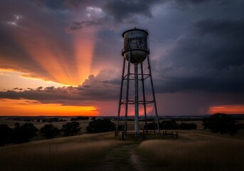 Silhouette of a rustic metal water tank elevated on steel legs, against an ominous dusk sky over open fields.