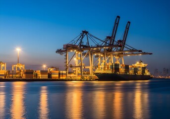 Night scene at a harbor showing towering container cranes and stacks of containers, with lights and reflections illuminating the dock and water.