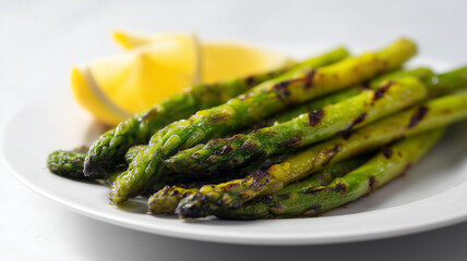 Grilled asparagus spears with char marks, served on white plate with lemon wedges, healthy and fresh vegetable dish