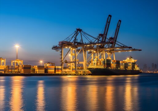 Night scene at a harbor showing towering container cranes and stacks of containers, with lights and reflections illuminating the dock and water.